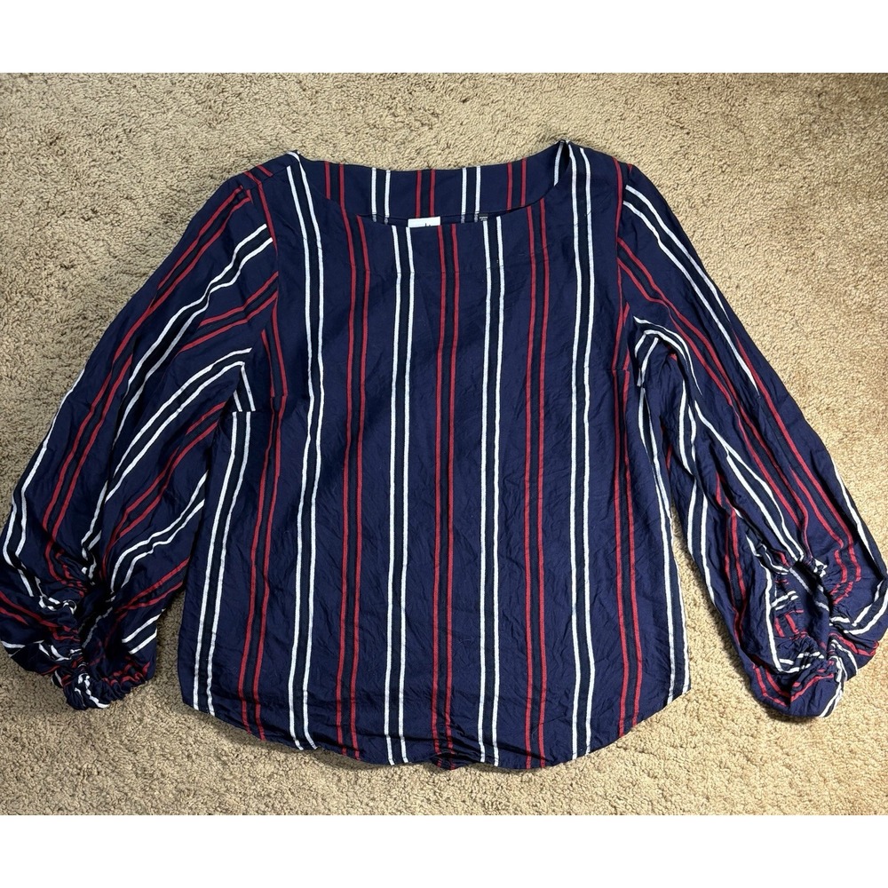 CAbi‎ Flag Balloon Sleeve Top Women's MED Blue Freedom Stripe Cotton Relaxed Fit